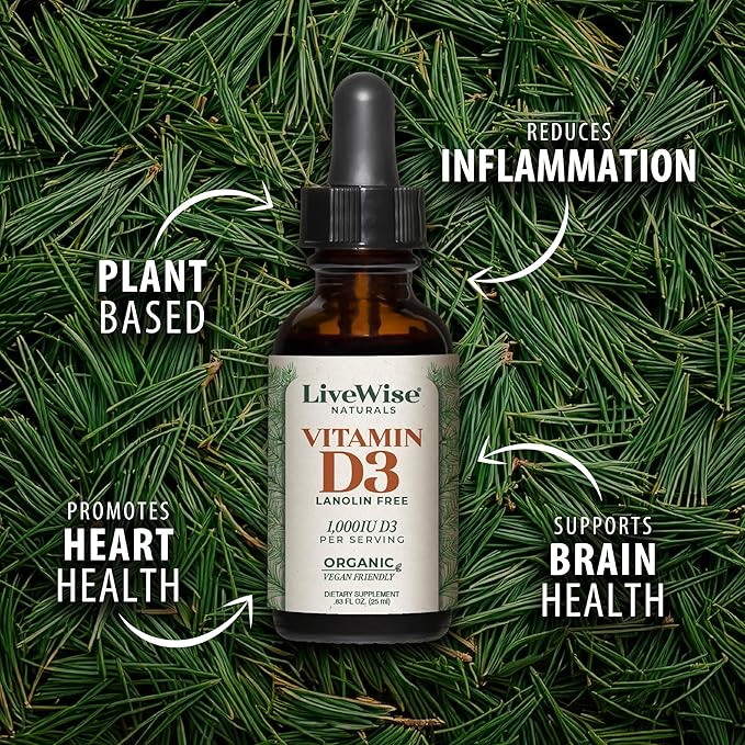 LiveWise Naturals Organic Vitamin D3 Liquid Drops, Vegan, Non-GMO, Plant-Based, 200 IU per Drop, Supports Immune, Bone, and Mood Health, Easy-to-Absorb, in MCT Oil 1,000 IU