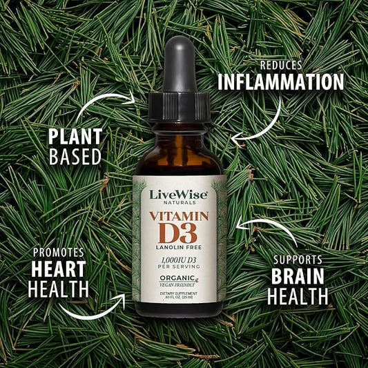 LiveWise Naturals Organic Vitamin D3 Liquid Drops, Vegan, Non-GMO, Plant-Based, 200 IU per Drop, Supports Immune, Bone, and Mood Health, Easy-to-Absorb, in MCT Oil 1,000 IU