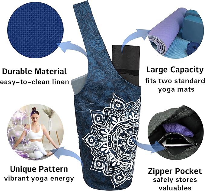 Yoga Mat Bag Carrier for Women with Side Large Pocket Durable Linen Workout Gym Travel Storage Pilates Mats