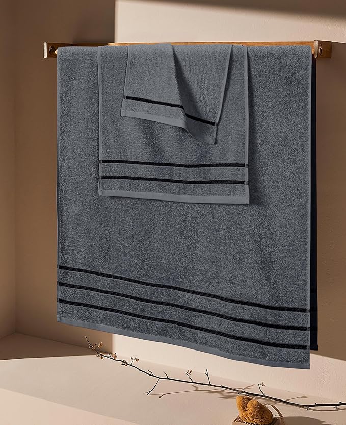 MyOwn Ultra Soft 3 Pack Cotton Towel Set, Contains a Bath Towel 28x55 inch, a Hand Towel 16x24 inch & Wash Coth 12x12 inch, Ideal Everyday use, Compact & Lightweight - Charcoal Grey, 71683