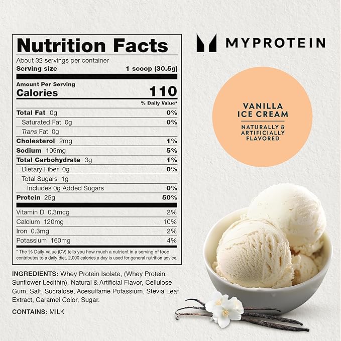 Myprotein Impact Whey Protein Isolate, 2.2 Lbs (40 Servings) Vanilla Ice Cream, 22g Protein, 3.5g Glutamine & 4.5g BCAA Per Serving, Protein Shake for Muscle Strength & Recovery