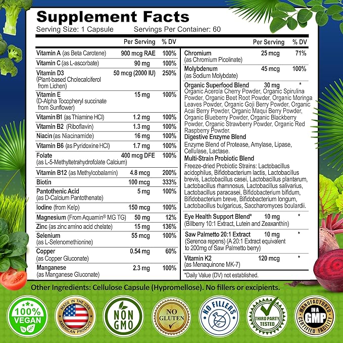 Men's Daily Multivitamin 50 Plus - Vegan Methylated Multivitamin for Men 50 and Over - Saw Palmetto, Biotin, Organic Superfoods, Lutein - Eye, Energy, Gut, Health Support - Easy to Swallow Capsules