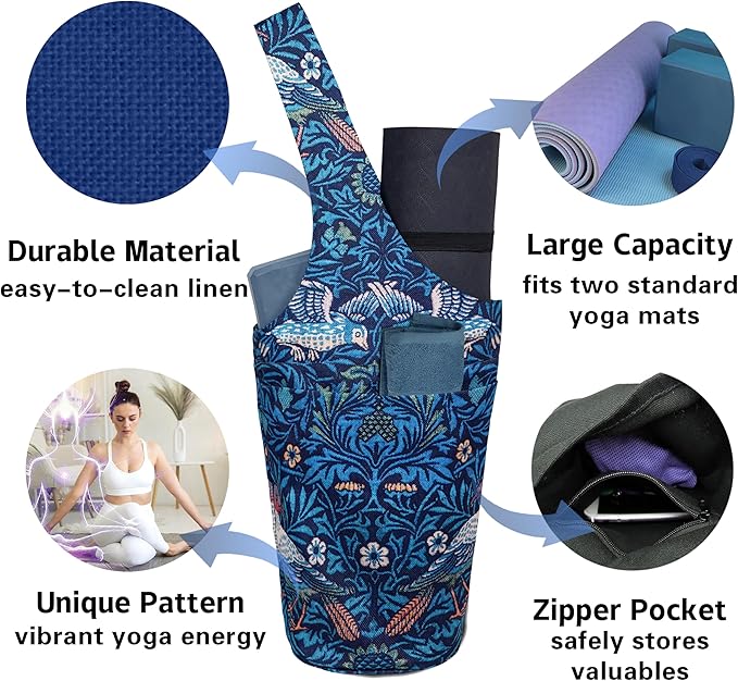 Yoga Mat Bag Carrier for Women with Side Large Pocket Durable Linen Workout Gym Travel Storage Pilates Mats
