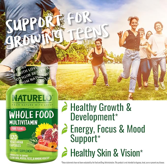 NATURELO Teen Multivitamin - Whole Food Multivitamin - with Minerals for Teenage Boys & Girls - Supplement for Active Kids - Non-GMO - Vegan & Vegetarian - 120 Capsules