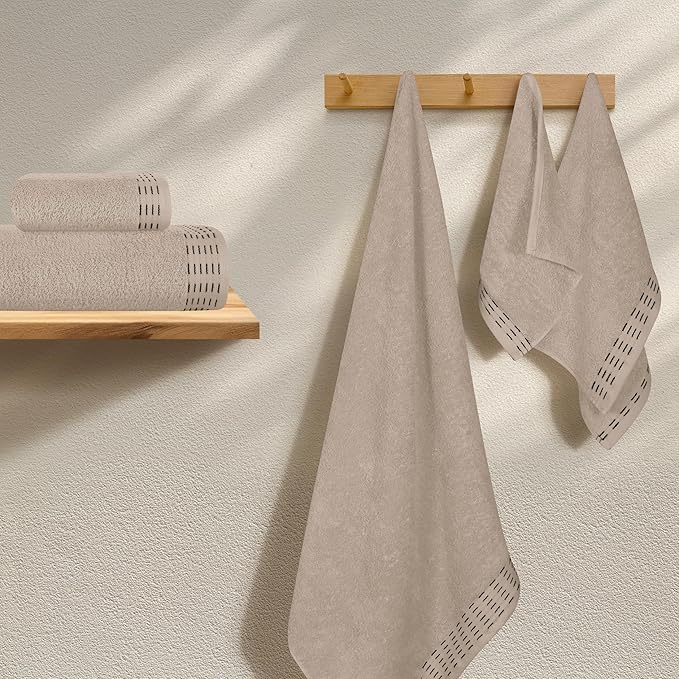 Ultra Soft 6 Pack Cotton Towel Set, Contains 2 Bath Towels 28x55 inch, 2 Hand Towels 16x24 inch & 2 Wash Coths 12x12 inch, Ideal Everyday use, Compact & Lightweight - Tan