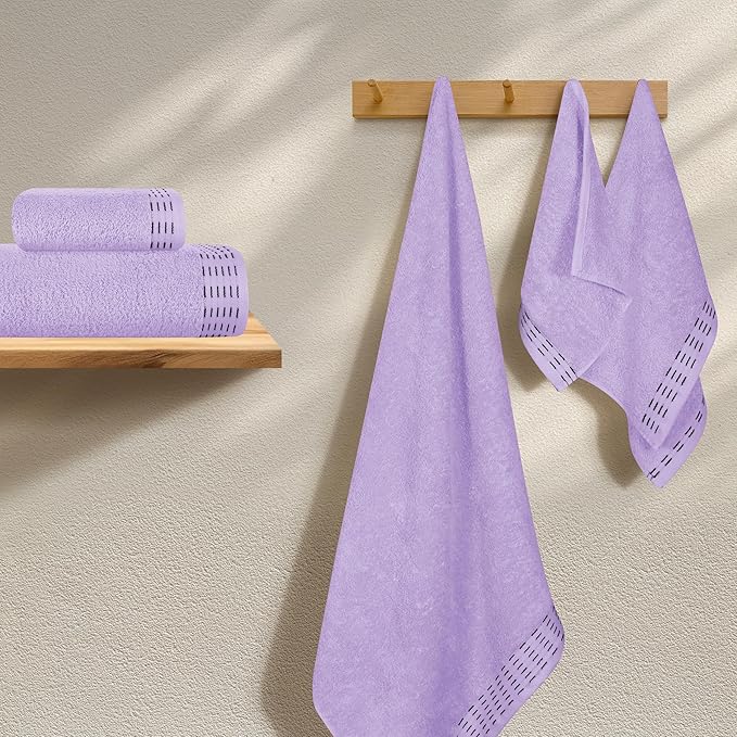 Ultra Soft 6 Pack Cotton Towel Set, Contains 2 Bath Towels 28x55 inch, 2 Hand Towels 16x24 inch & 2 Wash Coths 12x12 inch, Ideal Everyday use, Compact & Lightweight - Purple