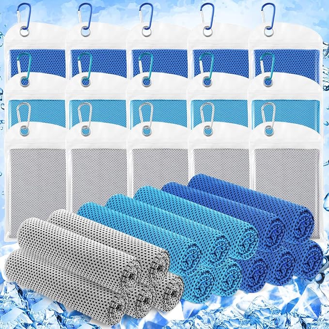 Hosuly 15 Pack Cooling Towels 40 x 12 Cooling Towels for Neck and Face Ice Towel Microfiber Soft Breathable Chilly Yoga Towel for Hot Weather (Dark Blue,Light Blue,Light Gray)