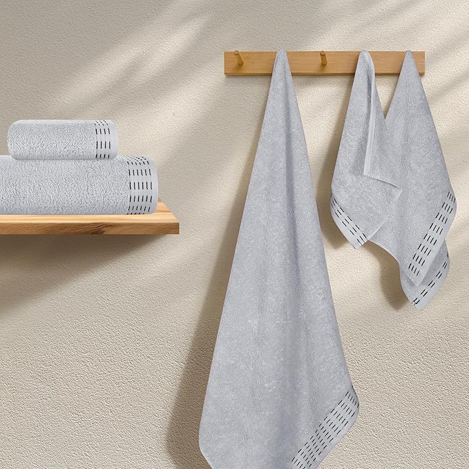 Ultra Soft 6 Pack Cotton Towel Set, Contains 2 Bath Towels 28x55 inch, 2 Hand Towels 16x24 inch & 2 Wash Coths 12x12 inch, Ideal Everyday use, Compact & Lightweight - Light Grey