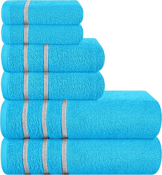 MyOwn Ultra Soft 6 Pack Cotton Towel Set, Contains 2 Bath Towels 28x55 inch, 2 Hand Towels 16x24 inch & 2 Wash Coths 12x12 inch, Ideal Everyday use, Compact & Lightweight - Turquoise Blue, 71651