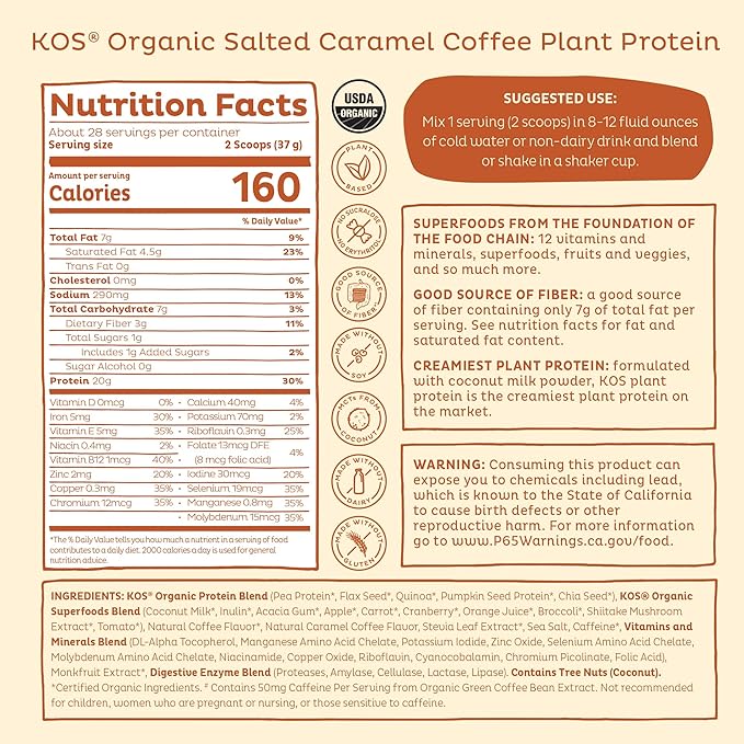 KOS Organic Vegan Protein Powder with 50mg Caffeine, Salted Caramel Coffee - Pea Protein Blend, Plant Based Superfood Rich in Vitamins & Minerals - Meal Replacement for Women & Men, 28 Servings