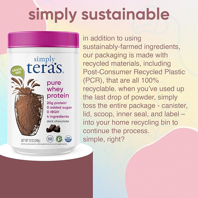 Simply tera's Pure Whey Protein Powder - Dark Chocolate Clean Whey Protein Powder, Made Without Artificial Sweeteners, Clean Label, Non-GMO, Kosher, rBGH-Free - 12 Oz