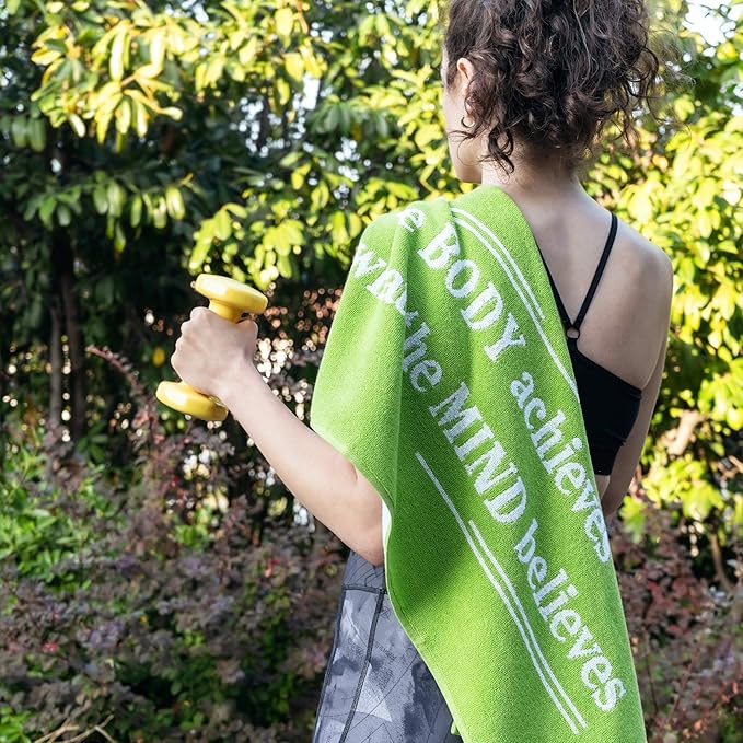 Luzia Workout Towels with Motivational Quotes for Sweat (Pack of 2) - mot-to Lightweight and Super Absorbent for Exercise, Workout, Fitness, Pickleball, Gym, Yoga, Running and Travel (Green)