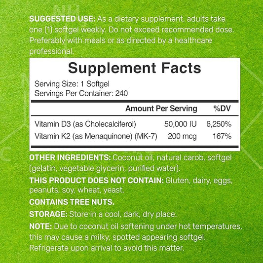 DEAL SUPPLEMENT Vitamin D3 50,000 IU + K2 MK7 200mcg Softgels, 240 Count | 2-in-1 Complex with Virgin Coconut Oil | Supports Heart, Bone, Teeth & Immune Health | Easy to Swallow