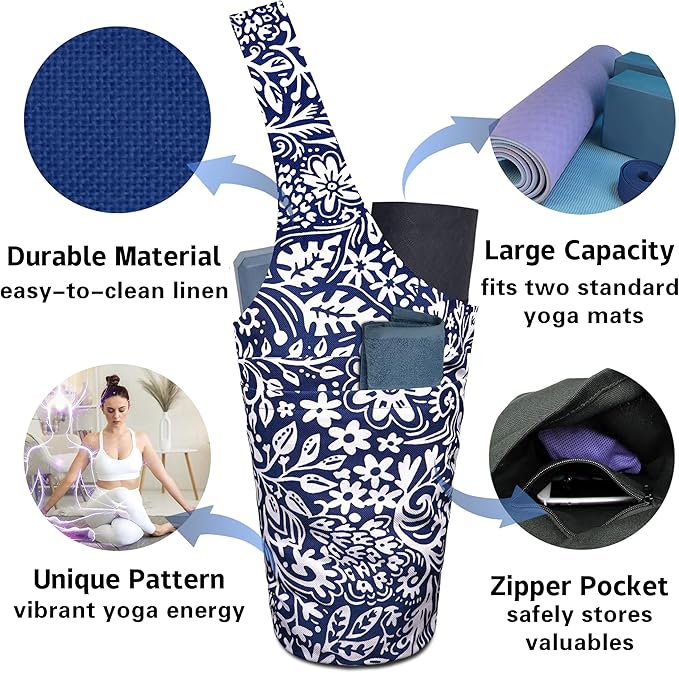 Yoga Mat Bag Carrier for Women with Side Large Pocket Durable Linen Workout Gym Travel Storage Pilates Mats
