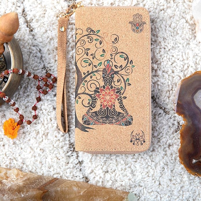 Buddha Cork Vegan Wristlet Wallet - credit card, business cards, coins & bills Room for Cellphone