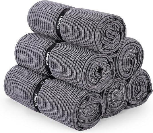 Microfiber Gym Towels with Snap Strap Closure, Ribbed Pattern Sports Towels for Yoga, Home and Outdoor Activities, 27” x 16”, 6 Pack, Grey