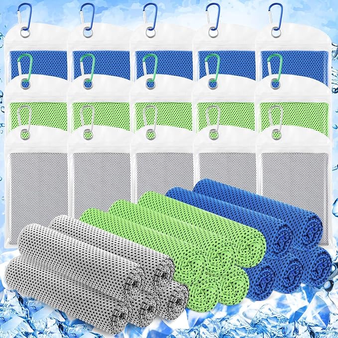 Hosuly 15 Pack Cooling Towels 40" x 12" Cooling Towels for Neck and Face Iced Towel Microfiber Soft Breathable Chilly Yoga Towel for Hot Weather (Dark Blue, Bright Green, Light Gray)
