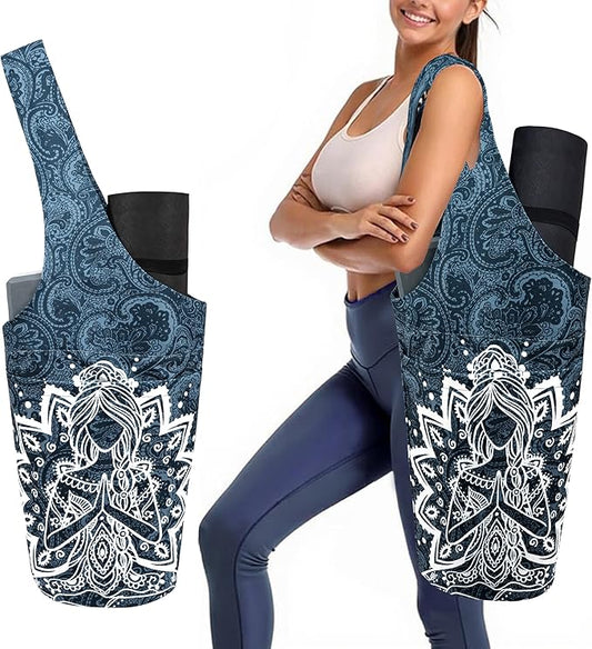 Yoga Mat Bag Carrier for Women with Side Large Pocket Durable Linen Workout Gym Travel Storage Pilates Mats
