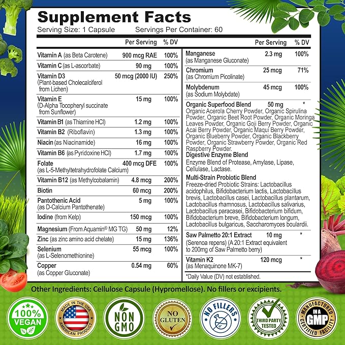 Men's Daily Multivitamin – Vegan Methylated Multivitamin for Men with Saw Palmetto, Biotin, Organic Superfoods, Probiotics & Enzymes – Energy, Gut & Optimal Health Support – Easy to Swallow Capsules