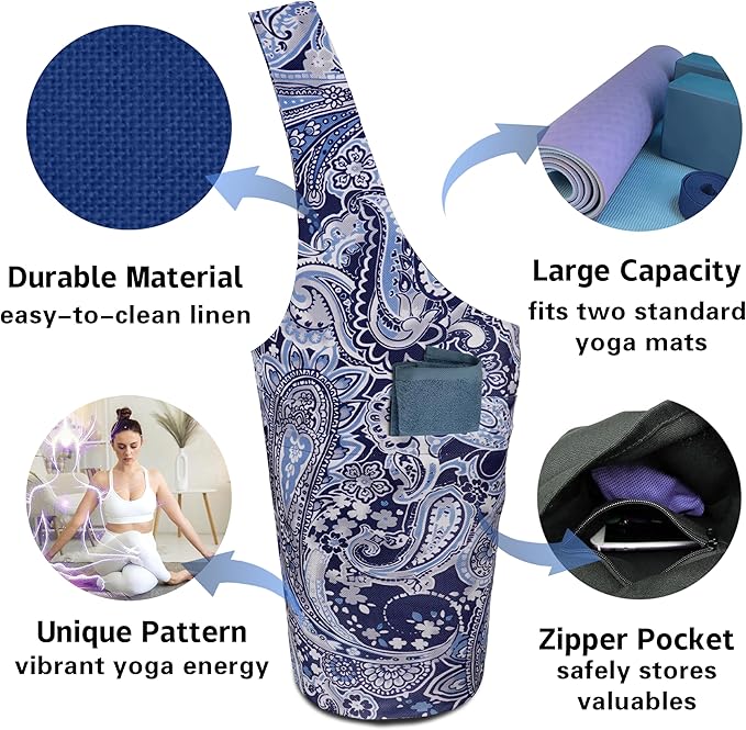 Yoga Mat Bag Carrier for Women with Side Large Pocket Durable Linen Workout Gym Travel Storage Pilates Mats
