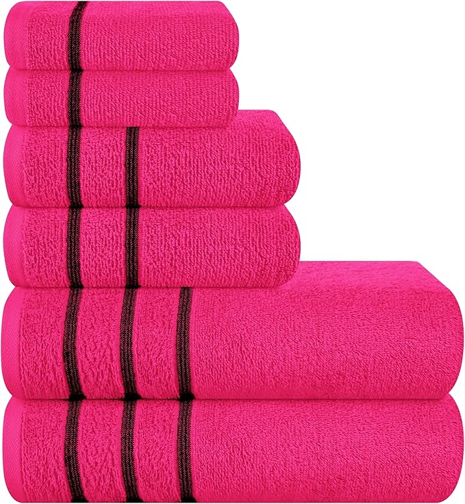 MyOwn Ultra Soft 6 Pack Cotton Towel Set, Contains 2 Bath Towels 28x55 inch, 2 Hand Towels 16x24 inch & 2 Wash Coths 12x12 inch, Ideal Everyday use, Compact & Lightweight - Hot Pink, 71654