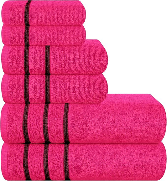 MyOwn Ultra Soft 6 Pack Cotton Towel Set, Contains 2 Bath Towels 28x55 inch, 2 Hand Towels 16x24 inch & 2 Wash Coths 12x12 inch, Ideal Everyday use, Compact & Lightweight - Hot Pink, 71654