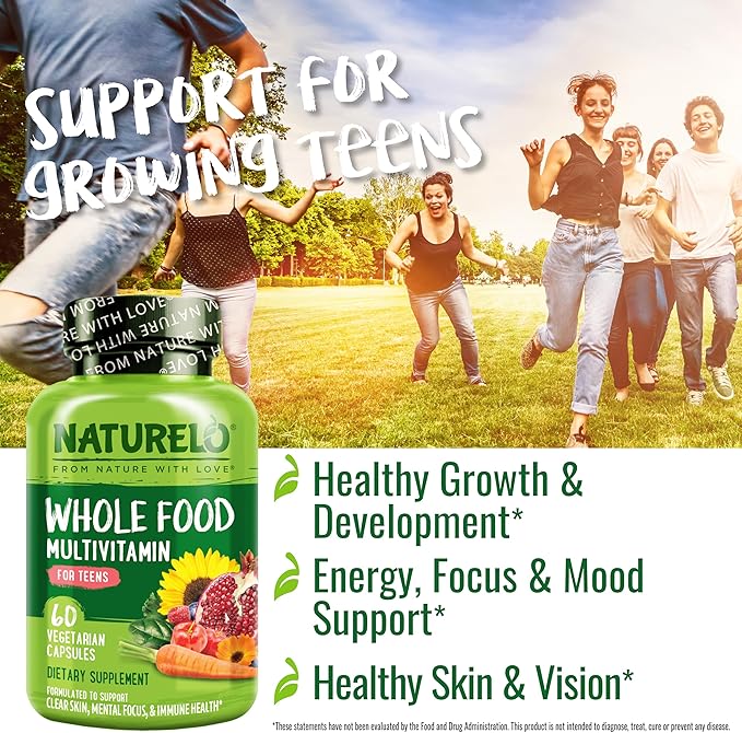 NATURELO Teen Multivitamin - Whole Food Multivitamin - with Minerals for Teenage Boys & Girls - Supplement for Active Kids - Non-GMO - Vegan & Vegetarian - 60 Capsules
