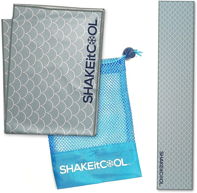 SHAKEitCOOL Original Cooling Towel – Be Cool in Style - Heat Relief, Soft, Lightweight, Sun Protection, Easy Clean - Perfect for Biking, Running, Yoga, Gym, Gardening - Green Scale