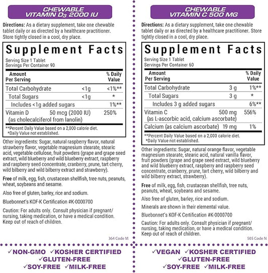 BlueBonnet Nutrition Vitamin D3 2000 IU Chewables and Vitamin C 500 mg Chewables Bundle