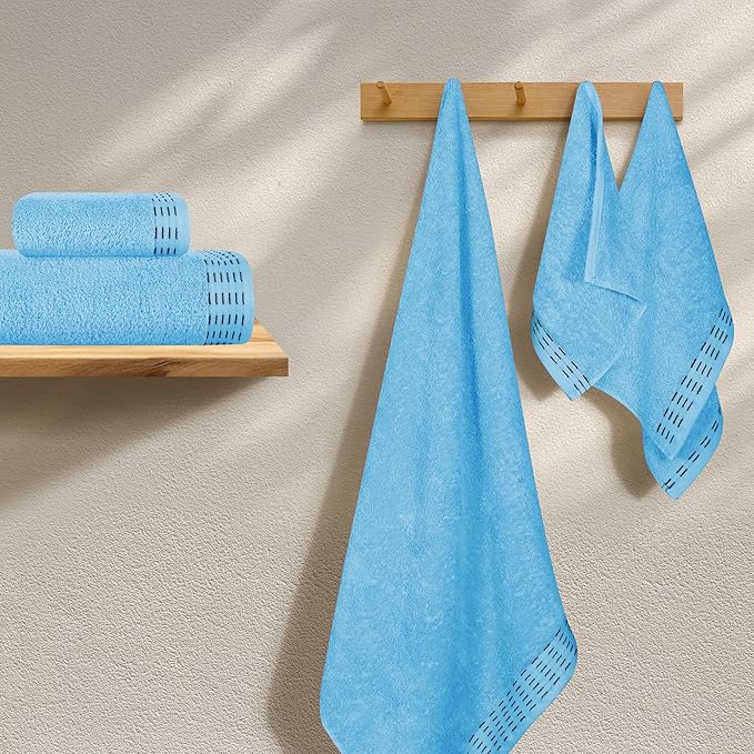 Ultra Soft 6 Pack Cotton Towel Set, Contains 2 Bath Towels 28x55 inch, 2 Hand Towels 16x24 inch & 2 Wash Coths 12x12 inch, Ideal Everyday use, Compact & Lightweight - Sky Blue