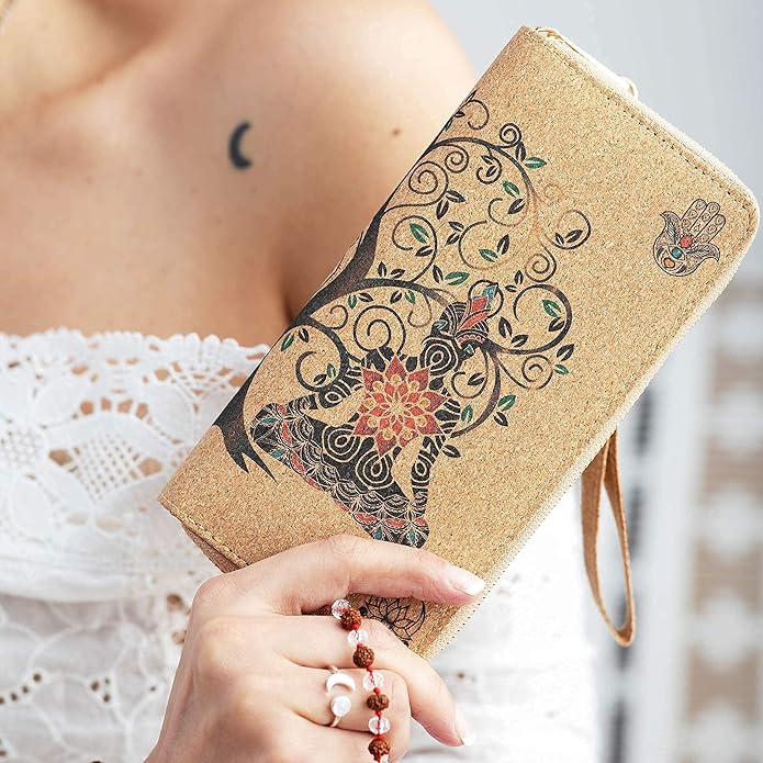 Buddha Cork Vegan Wristlet Wallet - credit card, business cards, coins & bills Room for Cellphone