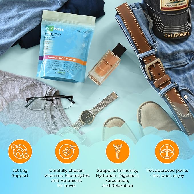Travel Vitamin Tonic for Flight, Jet Lag, Hydration, Circulation, Digestion & Immune Support, Promotes Calmness, Electrolyte Powder, Travel Essentials, Passion Fruit Tangerine, 15 Sticks