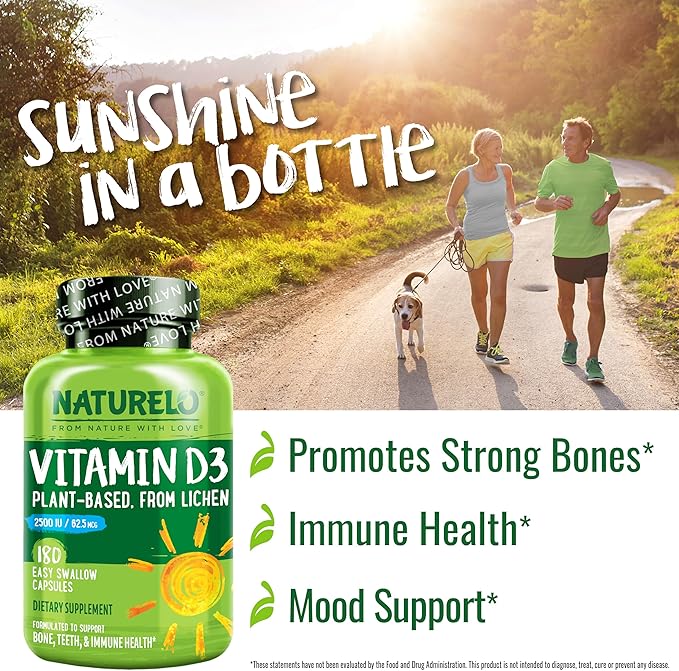 NATURELO Vitamin D - 2500 IU - Plant Based from Lichen - Natural D3 Supplement for Immune System, Bone Support, Joint Health - Vegan - Non-GMO - Gluten Free - 180 Capsules (Pack of 2)