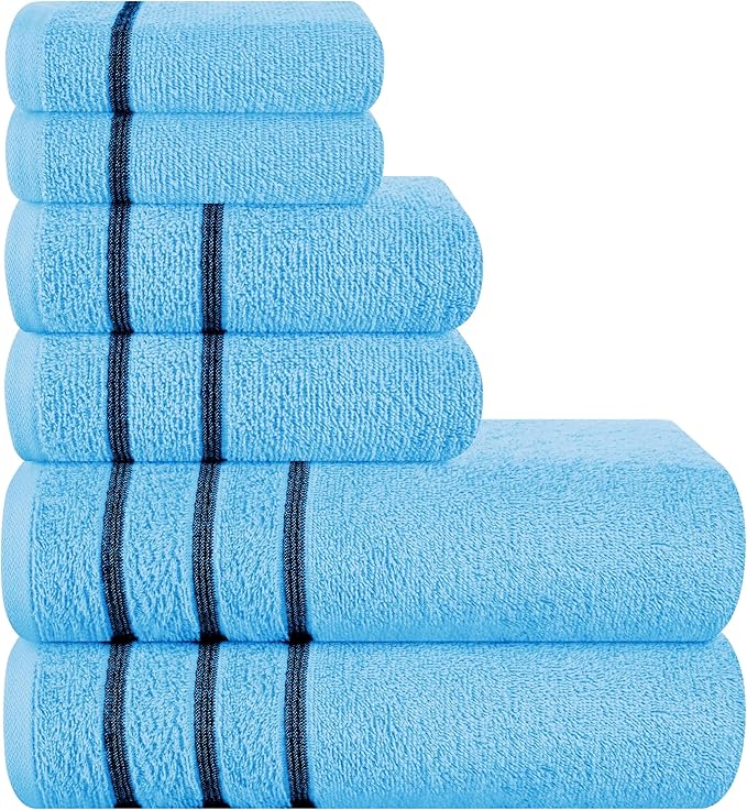MyOwn Ultra Soft 6 Pack Cotton Towel Set, Contains 2 Bath Towels 28x55 inch, 2 Hand Towels 16x24 inch & 2 Wash Coths 12x12 inch, Ideal Everyday use, Compact & Lightweight - Sky Blue, 71640