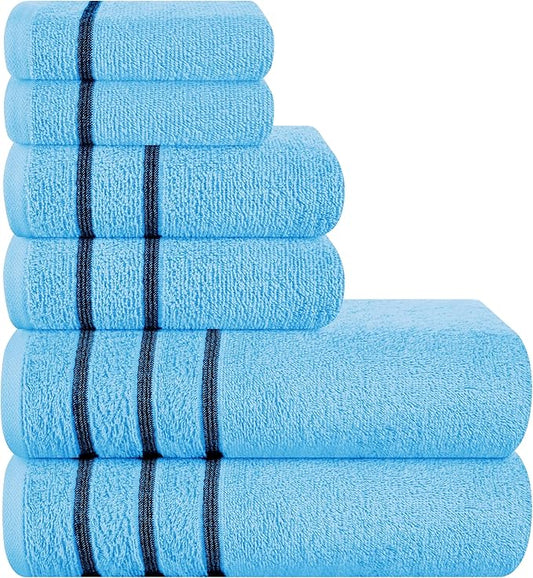 MyOwn Ultra Soft 6 Pack Cotton Towel Set, Contains 2 Bath Towels 28x55 inch, 2 Hand Towels 16x24 inch & 2 Wash Coths 12x12 inch, Ideal Everyday use, Compact & Lightweight - Sky Blue, 71640