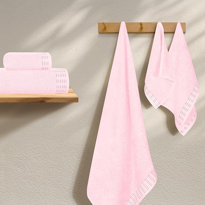 Ultra Soft 6 Pack Cotton Towel Set, Contains 2 Bath Towels 28x55 inch, 2 Hand Towels 16x24 inch & 2 Wash Coths 12x12 inch, Ideal Everyday use, Compact & Lightweight - Pink