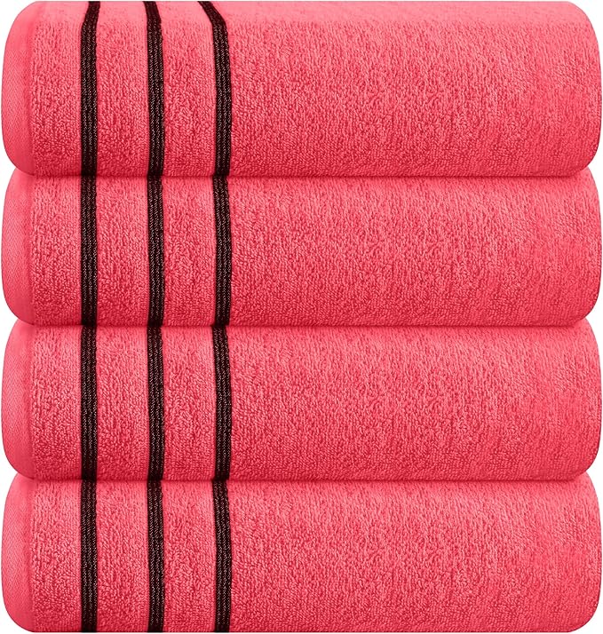 MyOwn Ultra Soft 4 Pack Oversized Bath Towel Set 27x54 inches, 100% Cotton Bath Towels, Highly Absorbant Compact Quickdry & Lightweight Towel, Ideal for Gym Travel Camp Pool - Coral Orange