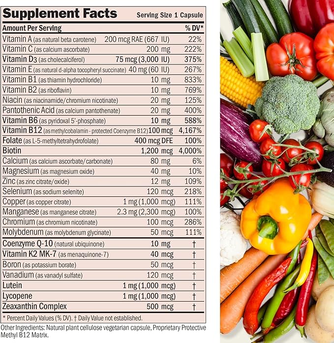 ANDREW LESSMAN Essential-1 nuonce max Multivitamin 3000 IU Vitamin D3 360 Small Capsules. 100 mcg Methyl B12. CoQ10 Lutein Lycopene Zeaxanthin. High Potency. No Additives. Ultra-Mild One Daily Capsule