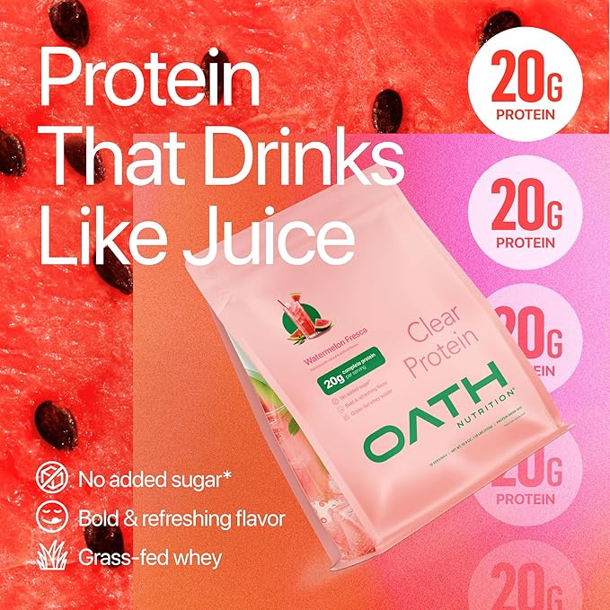 Oath Nutrition Clear Whey Isolate Protein Powder, Watermelon Fresca, 20g Complete Protein per Serving, No Added Sugar, Grass-Fed, 18 Servings