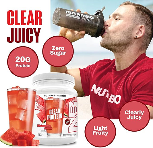 NutraBio Clear Protein Powder, Watermelon Breeze - 20 Servings, 20g Clear Whey Protein Isolate, 0 Sugar, 0g Lactose, Refreshing Fruit Flavors, GLP1 Support -Bone Health - Muscle Post Workout Recovery