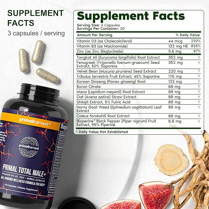 Primal Harvest Total Male+ Multivitamin for Men with Essential Vitamins, Minerals and Herbal Support for Energy, Vitality, Immune Health and Performance