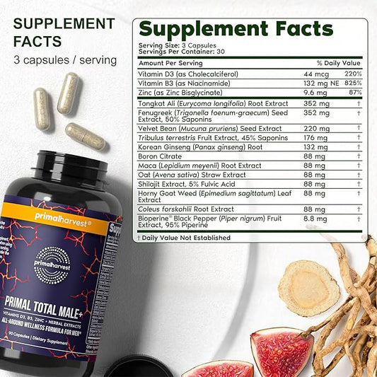 Primal Harvest Total Male+ Multivitamin for Men with Essential Vitamins, Minerals and Herbal Support for Energy, Vitality, Immune Health and Performance