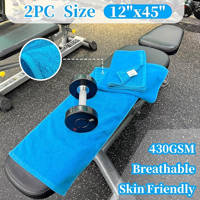 Workout Sweat Towels, Cotton Gym Towels Set of 2, 12"x45" - Absorbent | Breathable | 430GSM | Soft - Sports Towel for Men & Women, Exercise Towel for Yoga, Shower, Tennis, Running & Fitness, Aqua Blue