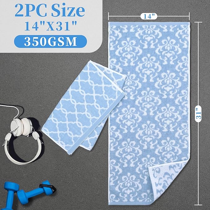 Workout Sweat Towels for Men & Women, Cotton Gym Towels Set of 2, 14"x31" - Absorbent | Breathable | Soft - Exercise Towel for Yoga, Shower, Tennis, Running & Fitness, Blue Damask and Checkered