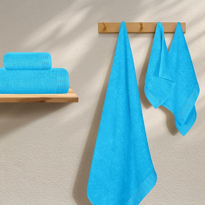 Ultra Soft 6 Pack Cotton Towel Set, Contains 2 Bath Towels 28x55 inch, 2 Hand Towels 16x24 inch & 2 Wash Coths 12x12 inch, Ideal Everyday use, Compact & Lightweight - Turquoise Blue