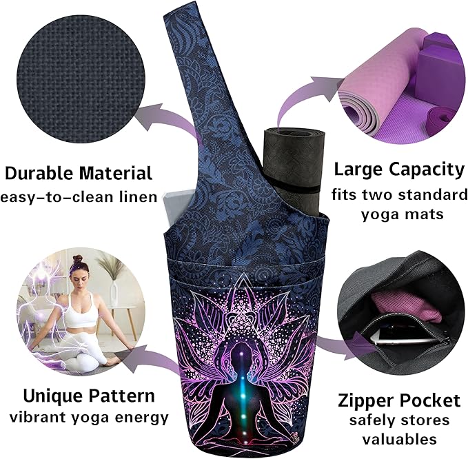 Yoga Mat Bag Carrier for Women with Side Large Pocket Durable Linen Workout Gym Travel Storage Pilates Mats