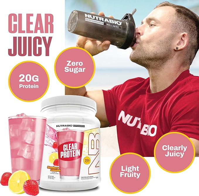 NutraBio Clear Protein Powder, Strawberry Lemonade - 20 Servings, 20g Clear Whey Protein Isolate, 0 Sugar, 0g Lactose, Refreshing Fruit Flavors, GLP1 Support -Bone Health -Muscle Post Workout Recovery