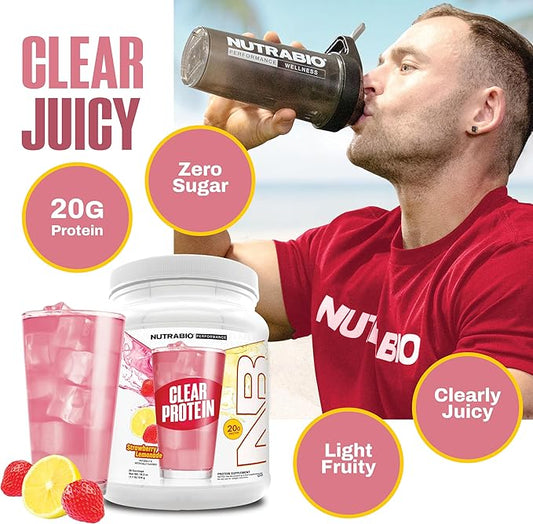 NutraBio Clear Protein Powder, Strawberry Lemonade - 20 Servings, 20g Clear Whey Protein Isolate, 0 Sugar, 0g Lactose, Refreshing Fruit Flavors, GLP1 Support -Bone Health -Muscle Post Workout Recovery